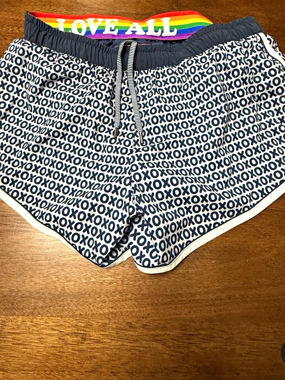 Women's Black & White XOXO Athletic Shorts with Rainbow Waistband